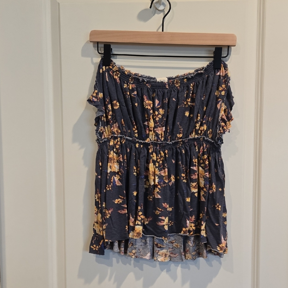 We The Free Dark Gray Floral Off The Shoulder Blouse